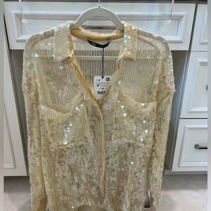 Zara Cream Sequin Button Down Shirt